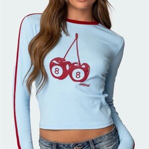 Edikted Light Blue Long-Sleeve Crop Top with Red Cherry Graphic